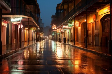 Fototapeta na wymiar Wet Bourbon Street in New Orleans after a spring rain, lights reflecting off the renowned street. Generative AI