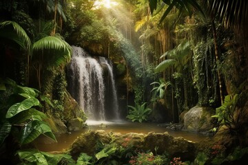 Tropical rainforest waterfall amidst lush jungle, adorned with exotic plants and digital artistry. Generative AI