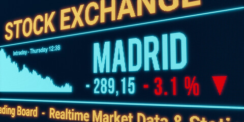 Madrid, stock market moving down. Negative stock exchange data, falling chart on the screen. Red percentage sign, loss and investment. 3D illustration