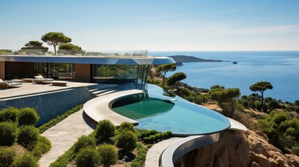  a house with a swimming pool on a cliff overlooking the ocean.  generative ai