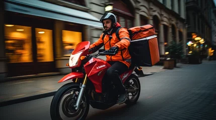 Selbstklebende Fototapeten couriers on a scooter in the fast-paced food delivery industry. courier with backpack navigating urban © pvl0707