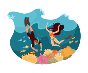 Naklejka premium Happy Vacation with Man and Woman Couple Diving Underwater Together Vector Illustration