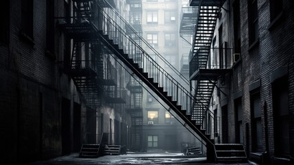  a dark alleyway with a set of stairs leading up to a fire escape.  generative ai