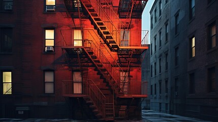  a fire escape is lit up in the dark of night.  generative ai