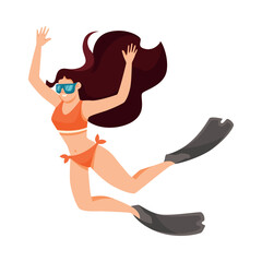 Woman Character on Beach in Goggles and Flippers Diving Underwater Vector Illustration