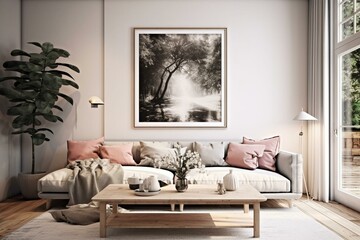 Wall poster with a Scandinavian touch, seamlessly integrated into a 3D rendered home interior. Generative AI