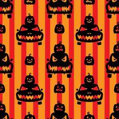 Black halloween cars and pumpkins isolated on vertical striped orange background. Cute seamless pattern. Vector simple flat graphic illustration. Isolated object on a white background. Isolate. © far700
