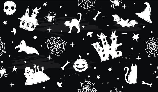 Halloween seamless pattern with white silhouettes on grunge black background.Ghost, castles, skull, pumpkin lantern, cats, spiders,  bones, graveyard and doodle elements.Vector hand drawn illustration
