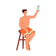 Man Character on Beach Sunbathing Sitting on Chair Drink Refreshing Cocktail Vector Illustration