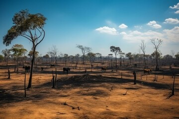 Fototapeta na wymiar Illegal deforestation landscape, burnt trees, hacked down for cattle grazing in Para, Brazil. Environmental, ecological, global warming concerns. Generative AI