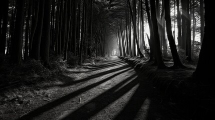 A winding black and white path leading through a dense forest of tall trees