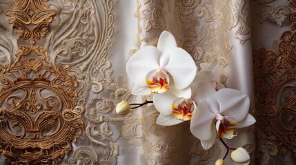 Close-up of a white orchid against a boho tapestry, emphasizing the intricate patterns of both flower and fabric. Wedding, bride, glamour, jewel, exquisite event. 