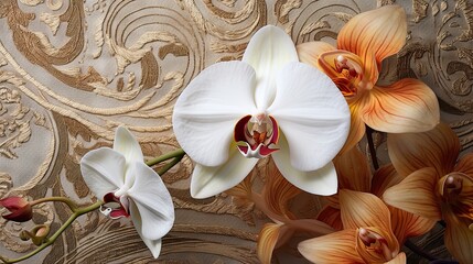 Close-up of a white orchid against a boho tapestry, emphasizing the intricate patterns of both flower and fabric. Wedding, bride, glamour, jewel, exquisite event. 