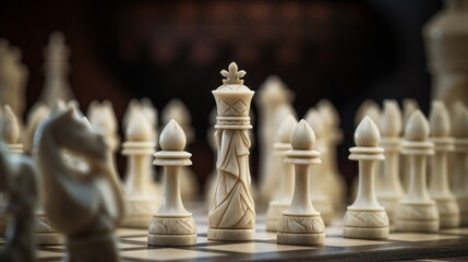 Alabaster chess pieces set up for a strategic game, captured in a moment of contemplation