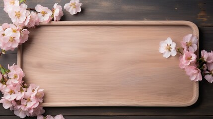 Naklejka na ściany i meble Delicate pink blossoms on a boho wooden tray, with ample space around for text. Minimalist design. 
