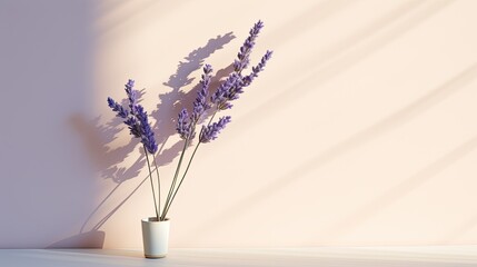 Single lavender stem, with a boho-patterned shadow cast on a blank canvas. Minimalist design. 