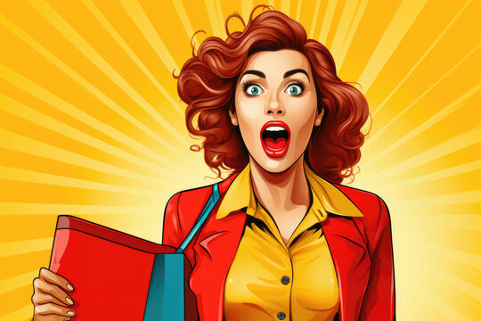 Pop art comic-style portrayal of a happy and surprised womanwith red hair, yellow blouse and red blazer., holding a red and blue shopping bag, radiating joy against a bright yellow background. 