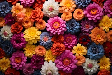 A top-down view of vibrant flowers forming a beautiful rainbow carpet, ideal for festive occasions and background imagery. Generative AI