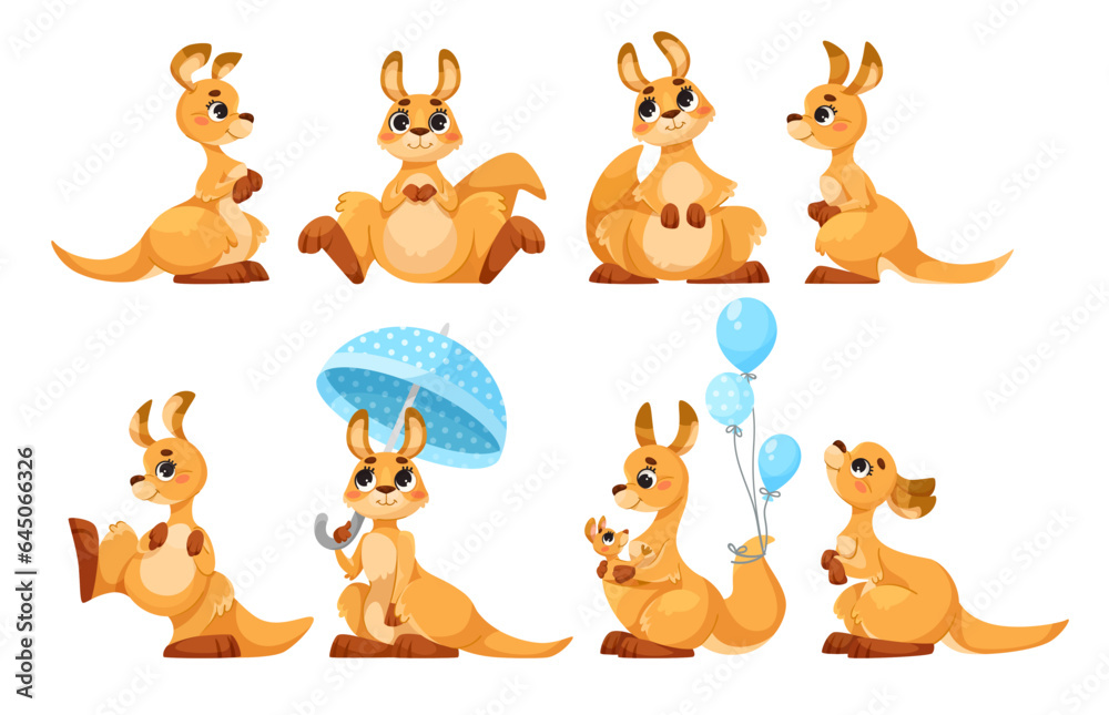 Wall mural Cute Baby Kangaroo as Australian Animal Character in Different Pose Vector Set