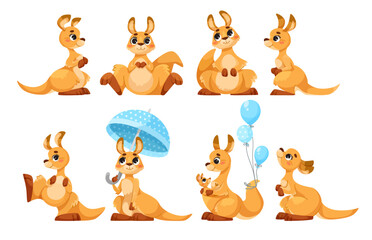 Cute Baby Kangaroo as Australian Animal Character in Different Pose Vector Set