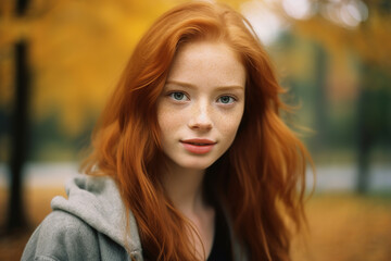 portrait of beautiful young ginger woman in autumn park, generative ai