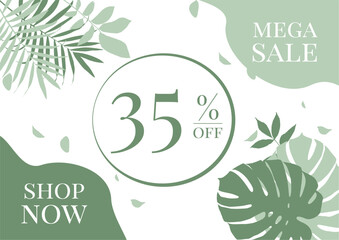 sale shop now, banner 35% percent off tropical leaves. Modern abstract cover , minimal nature design