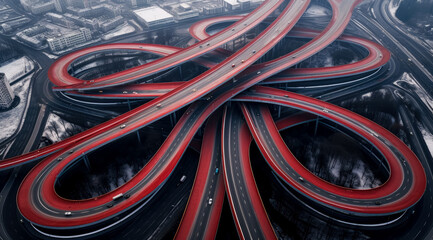Aerial view of roundabout expressway, traffic in a circling road with an aerial view, concrete art.