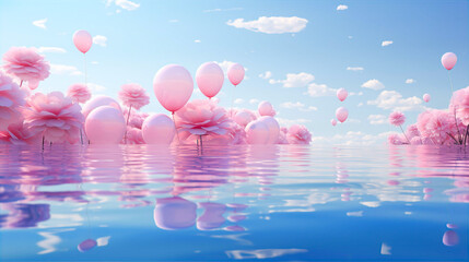 Abstract space for background with pink balloons, water and blue sky