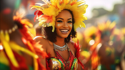Young beautiful woman portrait in costume with feathers outfit at street Carnival. Brazilian culture, street performance, holidays and travel concept 