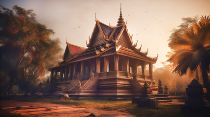 Fototapeta premium Beautiful old Asian temple at sunset.