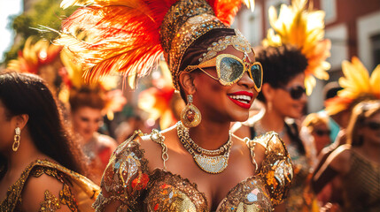 Young beautiful woman portrait in costume with feathers outfit at street Carnival. Brazilian culture, street performance, holidays and travel concept  - obrazy, fototapety, plakaty