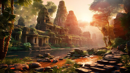 Ruins of old Hindu temple in jungle at sunset.