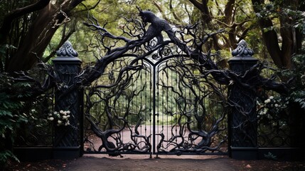 An intricate black and white wrought iron gate framed by overhanging branches. 