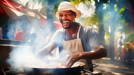 Happy attractive African man cooking food on street market and smile to camera. Travel, food, holidays concept  - obrazy, fototapety, plakaty