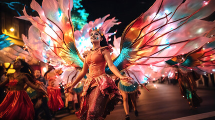 Brazilian carnival.  Beautiful Dancers in outfit with feathers and wings enjoying the parade, smile...