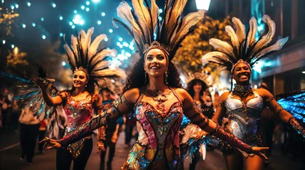 Photo sur Plexiglas Rio de Janeiro Brazilian carnival.  Beautiful Dancers in outfit with feathers and wings enjoying the parade, smile to crowd 