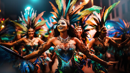 Brazilian carnival.  Beautiful Dancers in outfit with feathers and wings enjoying the parade, smile to crowd 