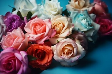 Wallpaper with pink, blue and white roses on a colorful spring background. Generative AI