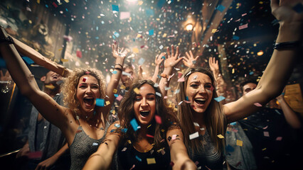 Happy young people through up confetti at night club party. Friendship, happiness, celebration, togetherness idea