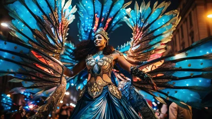 Fototapeten Brazilian carnival.  Beautiful Dancers in outfit with feathers and wings enjoying the parade, smile to crowd  © IRStone