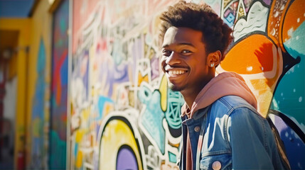 Naklejka premium Young black man street artist portrait. Handsome man leans against of wall with Graffiti and smile. 