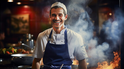 Fototapeta na wymiar Handsome Italian chef on kitchen, cooking food and smile to camera