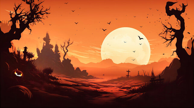 Halloween illustration with charmed wood, big moon and Witch castle