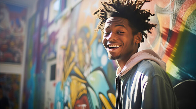 Young black man street artist portrait. Handsome man leans against of wall with Graffiti and smile.	