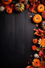 Selection of various pumpkins on dark wooden background with copy space. Autumn vegetables and seasonal decorations - obrazy, fototapety, plakaty