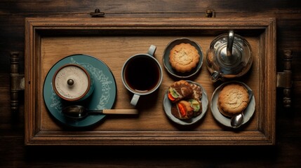 An overhead shot of a wooden tray with espresso cups, sugar cubes, and a French press