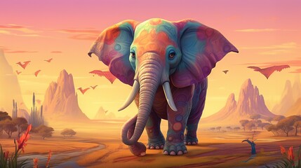  a painting of an elephant in a desert with mountains in the background.  generative ai