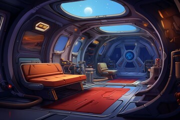 Illustration of a lively spaceship cabin. Generative AI