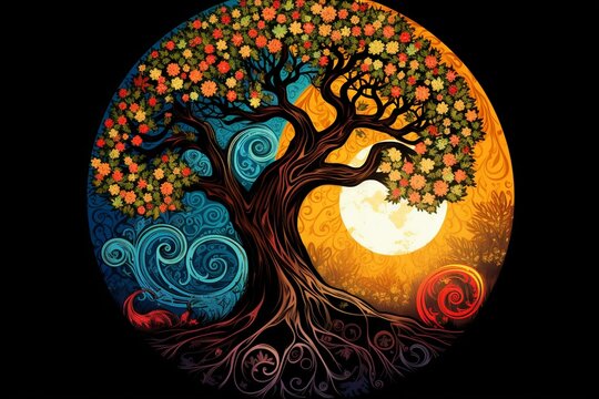 Tree with vibrant yin yang pattern and ornate spiral artwork. Generative AI