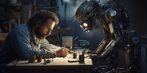 Man makes a robot. Creation of a robot concept. 	